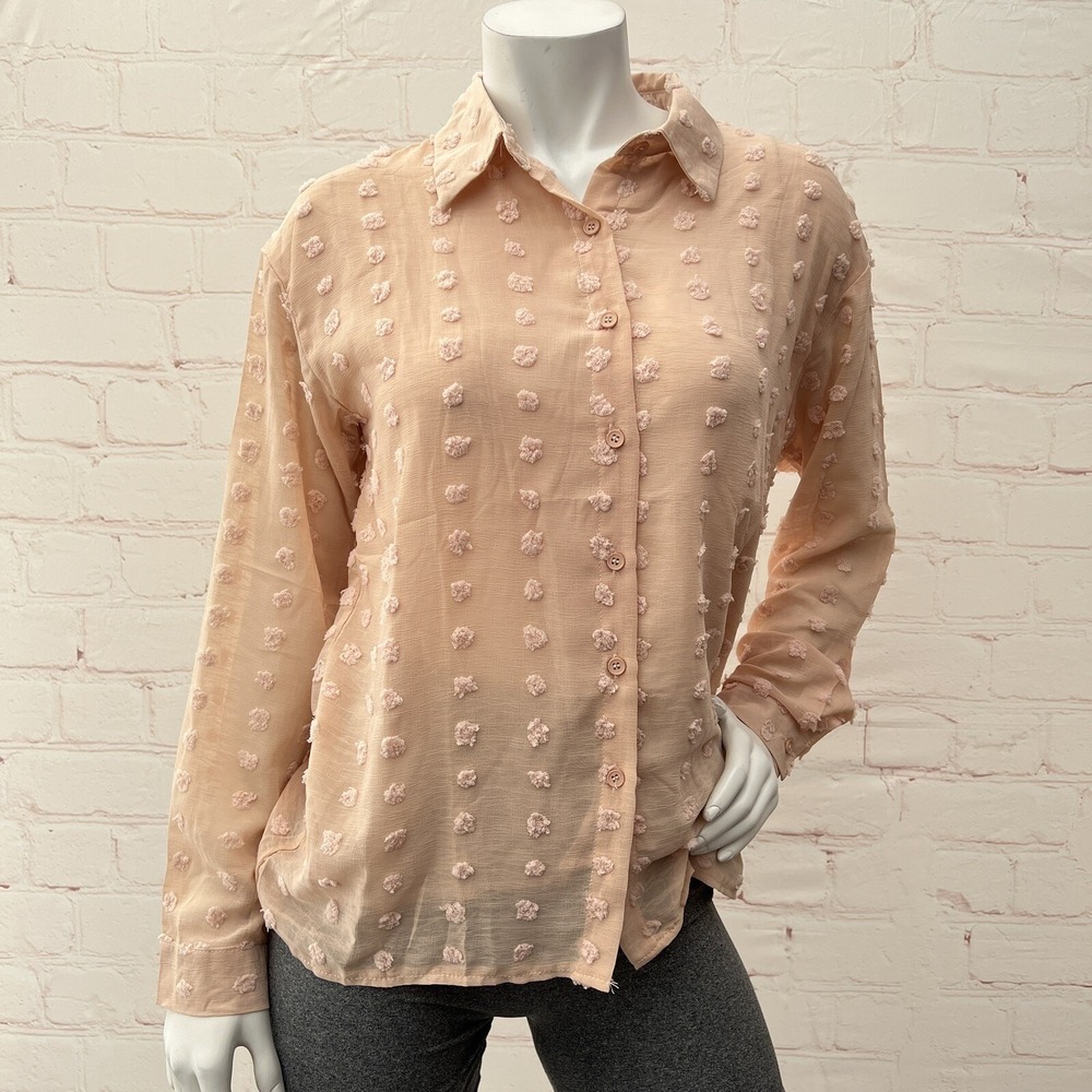 Women Khaki Long Sleeve Button Fuzzy Polka Dot Shirt Size S